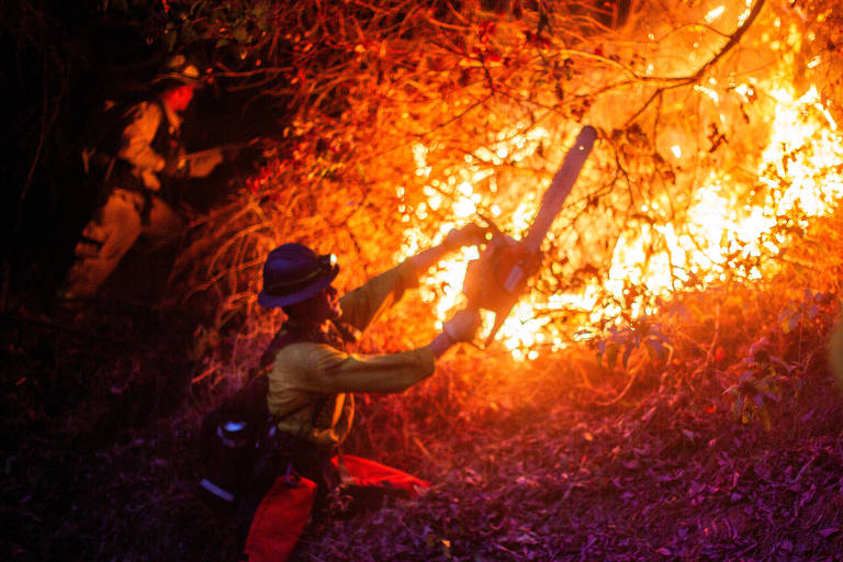 A imagem mostra um homem vestido de bombeiro， com uma jaqueta amarela e capacete， cortando galhos de uma vegetação com uma motossera， enquanto uma labareda consoem parte da vegetação 