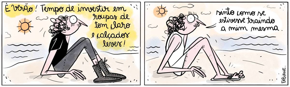 A tira Viver Dói, de Fabiane Langona, intitulada “É verão! Tempo de investir em roupas de tom claro e calçados leves!" publicada em 14/01/25 é composta por dois quadros horizontais. Em ambos vemos uma mulher sentada de perfil na areia da praia. Ao fundo, vemos um mar azul e sol brilhante. No primeiro quadro, a mulher está vestindo uma camiseta preta, calças escuras e botas. No segundo quadro vemos a mesma mulher ainda sentada na praia, mas agora usando uma camiseta regata branca, shorts e chinelos. Ela mostra-se pensativa.  No quadrinho 1, a mulher diz: “Sinto como se estivesse traindo a mim mesma"