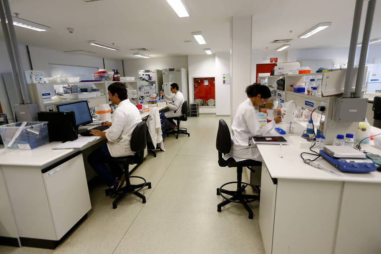 A imagem mostra um laboratório com três pesquisadores trabalhando em mesas. Dois deles estão sentados em cadeiras， utilizando computadores， enquanto um terceiro está em pé， realizando atividades em uma bancada. Todos estão vestidos com jalecos brancos. O ambiente é bem iluminado e organizado， com equipamentos de laboratório e materiais visíveis nas mesas.