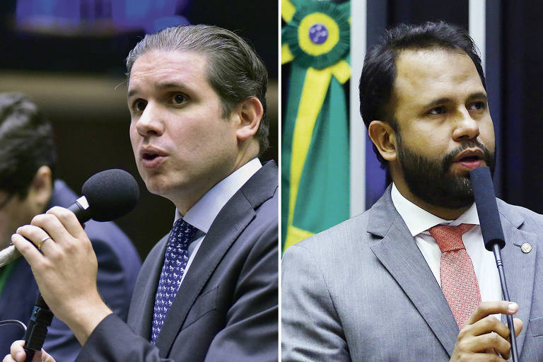 Uma montagem de duas fotos. No lado esquerdo， Hugo Motta， um homem brando， cabeço castanhos penteados para trás. Ele veste terno cinza， gravata azul， camisa branca e segura o microfone com a mão esquerda. Ao lado， Pastor Henrique Vieira， um homem moreno， de barba e cabelos castanhos， terno cinza， gravata vermelha e camisa branca， com a mão apoiada em um microfone de mesa