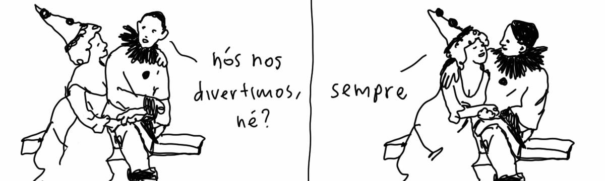 A tirinha em preto e branco de Estela May, publicada em 15/01/25, traz um casal vestido com roupas de mímicos/palhaços. O homem pergunta “nós nos divertimos, né?”, a mulher responde “sempre”.