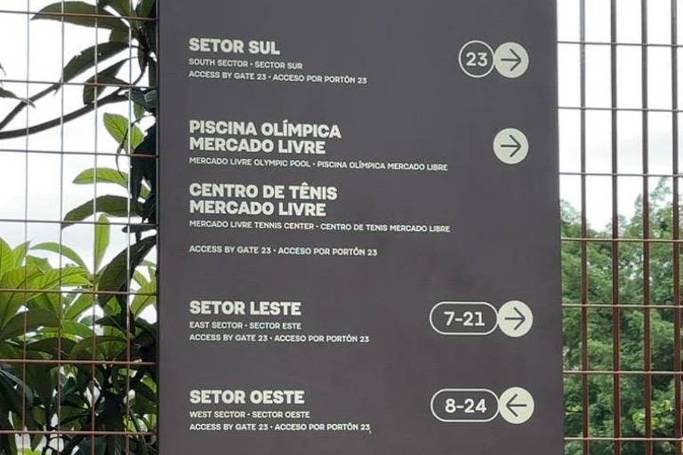 Placa de sinalização do Pacaembu， com orientações para chegar à piscina Mercado Livre e a setores do estádio.