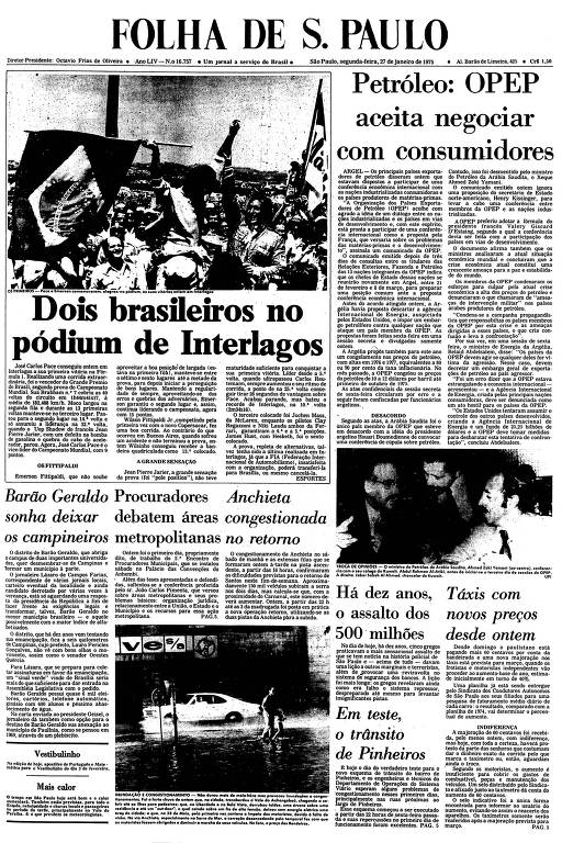 Primeira Página da Folha de 27 de janeiro de 1975