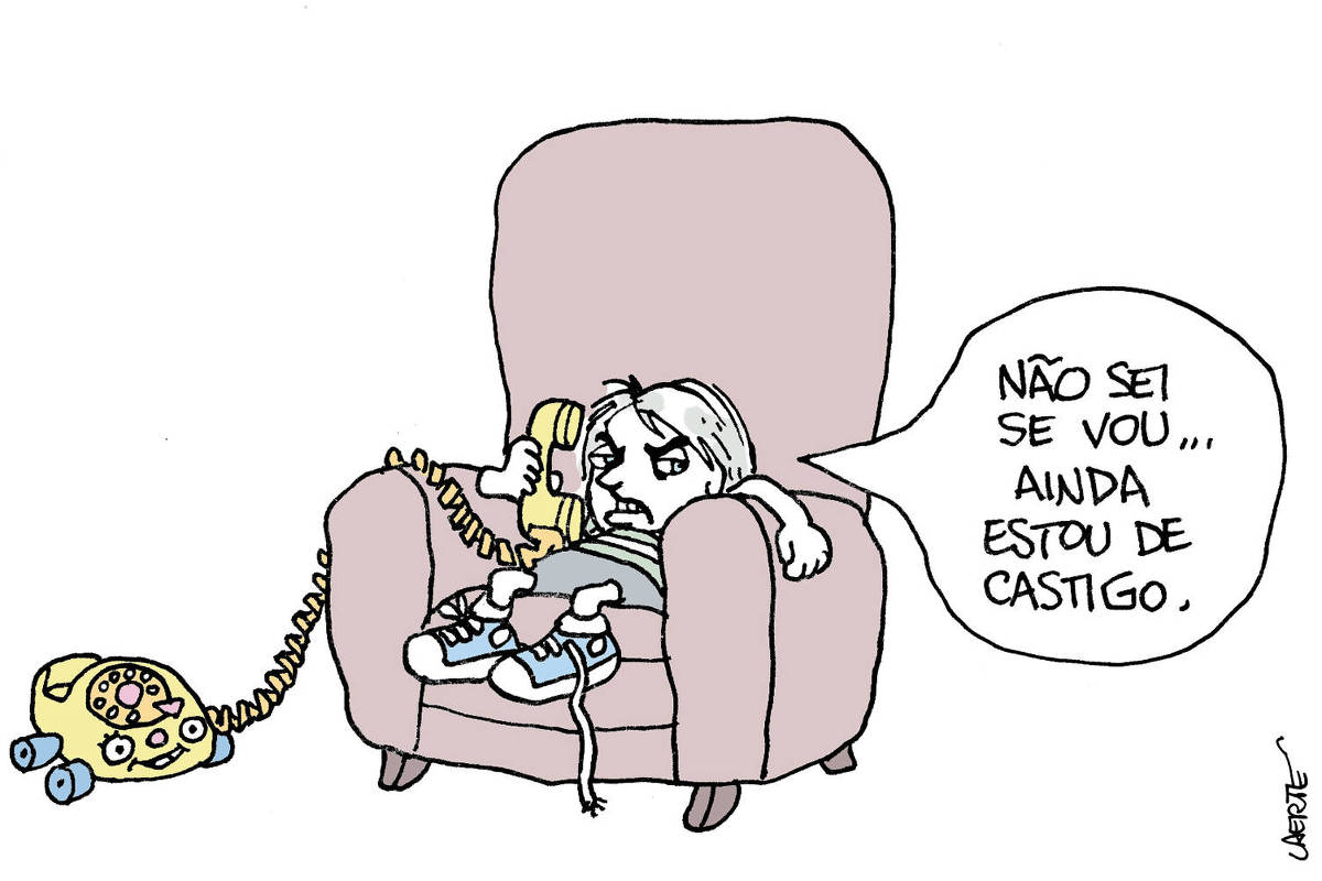 Bolsonaro, caracterizado como um garoto, está sentado numa grande poltrona, enfezado, falando a um telefone de brinquedo. Ele diz: “Não sei se vou…ainda estou de castigo”.