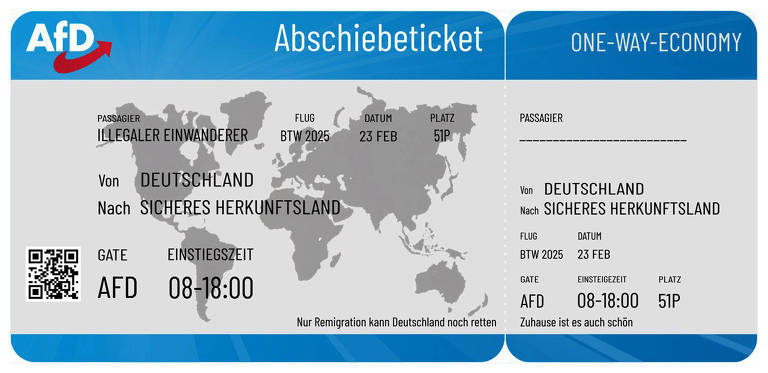 Um bilhete de embarque com um fundo azul e um mapa-múndi. O bilhete contém detalhes sobre o voo， incluindo origem e destino. Há um código QR e números de identificação visíveis.