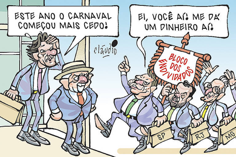 A charge mostra uma cena em frente ao Palácio do Planalto. Em primeiro plano, na porta do prédio, no alto da rampa, estão o ministro da Fazenda Fernando Haddad e Lula. O ministro põe a mão na cabeça e exclama:  - Este ano o Carnaval começou mais cedo!  Ao fundo, entrando da direita para a esquerda, dançando alegremente e segurando um estandarte com as palavras “ Bloco dos endividados”, aparecem os governadores Tarcisio de Freitas, de São Paulo, Romeu Zema, de Minas Gerais, e Cláudio Castro, do Rio de Janeiro. Eles cantam uma marchinha de Carnaval:  - - Ei, você aí! Me dá um dinheiro aí!