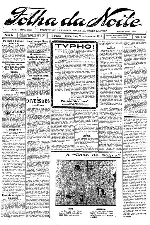 Primeira Página da Folha da Noite de 29 de janeiro de 1925