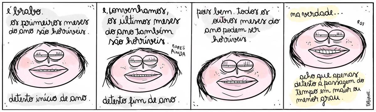 A tira Viver Dói, de Fabiane Langona publicada em 16/01/25 é composta por quatro quadros horizontais. Em cada quadrinho, vemos o rosto caricatural de uma mulher. Ela tem cabelos curtos, olhos semicerrados. Lábios imensos e  rosados complementam seu rosto. A mulher expressa em sua face uma mistura de inércia e chateação.  No quadrinho 1, a personagem diz: "É brabo. Os primeiros meses do ano são horríveis. Detesto início de ano." No quadrinho 2, a personagem diz: “E, convenhamos, os últimos meses do ano também são horríveis. Detesto fim de ano." No quadrinho 3, a personagem diz: “Pois bem, todos os outros meses do ano podem ser horríveis." No quadrinho 4, a personagem completa: “Na verdade... acho que apenas detesto a passagem do tempo em maior ou menor grau."