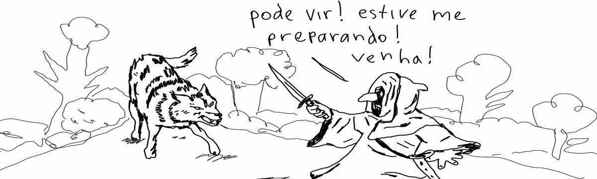 A tirinha em preto e branco de Estela May, publicada em 16/01/25, traz um ser encapuzado segurando uma faca e a apontando para um lobo que vem em sua direção. Ele diz “pode vir! estive me preparando! venha!”.