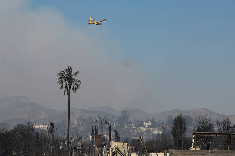 A imagem mostra um avião amarelo voando sobre uma área com fumaça visível no fundo. Há uma palmeira à esquerda e montanhas ao fundo, com uma cidade visível em uma área mais distante. O céu está claro, mas a fumaça sugere a presença de um incêndio.