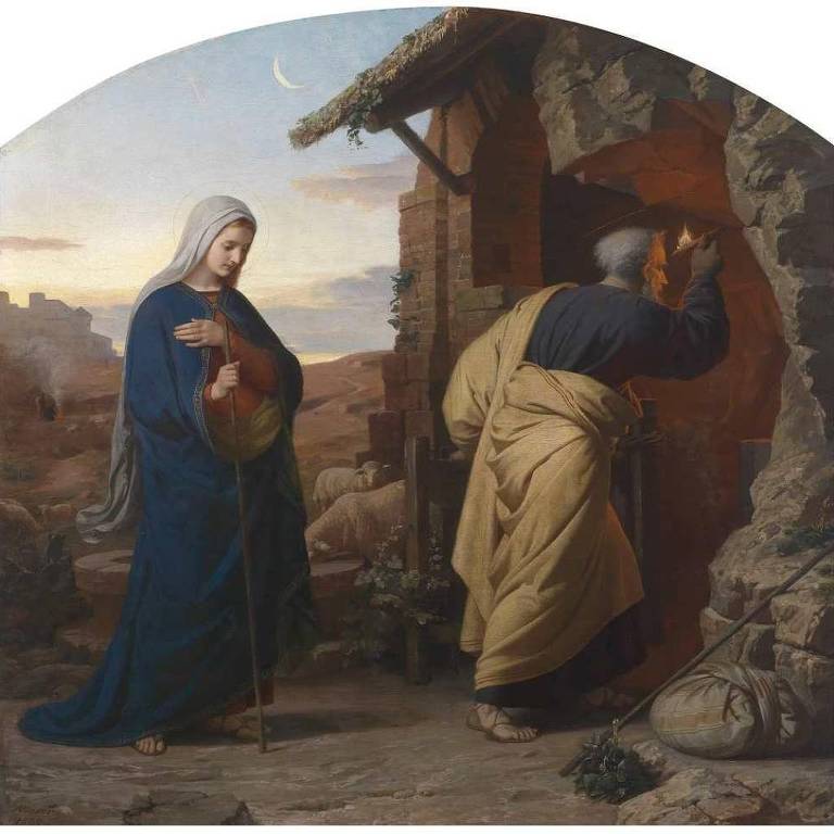 A imagem retrata uma cena em um ambiente rústico, onde uma mulher vestida com um manto azul está de pé à esquerda, segurando um vaso. À direita, um homem de costas, vestido com roupas amarelas, está batendo à porta de uma casa. O cenário é iluminado por uma luz suave, com um céu claro ao fundo e uma paisagem montanhosa.