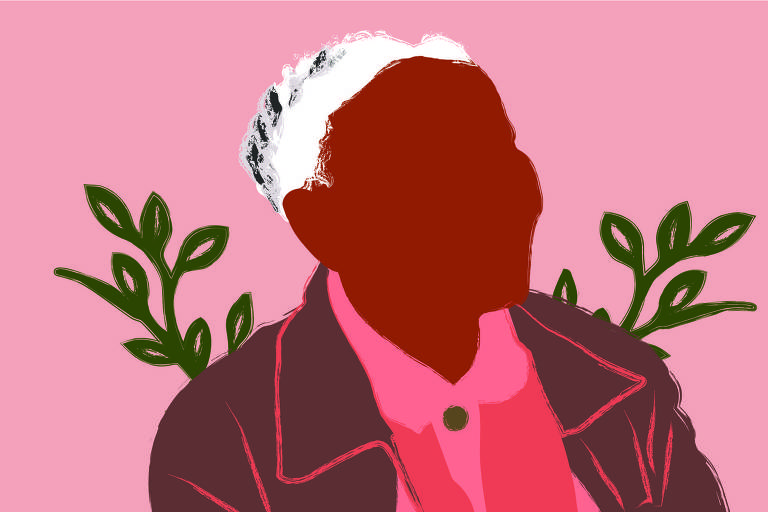 A ilustração é da professora Diva Guimarães. O fundo é rosa e， ao centro， está a figura de Diva， que é uma mulher negra com cabelos grisalhos e detalhes de tranças. Ela usa uma camisa rosa clara， uma jaqueta marrom clara e um lenço rosa.