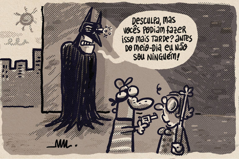 No cartum de Marcelo Martinez， Batman， sonolento， encontra um bandido assaltando uma idosa. Então ele diz: quot;Desculpa， mas vocês podiam fazer isso mais tarde? Antes do meio-dia eu não sou ninguém!