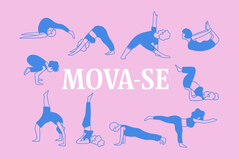 A imagem apresenta várias silhuetas de pessoas em diferentes posições de exercícios físicos， dispostas em um fundo rosa. No centro， em letras grandes e brancas， está escrito 039;MOVA-SE039;. As silhuetas são em tons de azul e mostram posturas como alongamentos， flexões e posições de yoga.