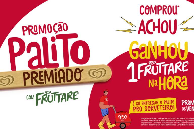 A imagem apresenta uma promoção chamada 039;Palito Premiado039; da marca Frutare. O texto destaca que， ao comprar， o cliente pode ganhar um 039;Frutare na hora039;. Há também uma ilustração de um palito e várias embalagens de sorvete Frutare ao fundo. O design é colorido， com predominância de vermelho e amarelo.