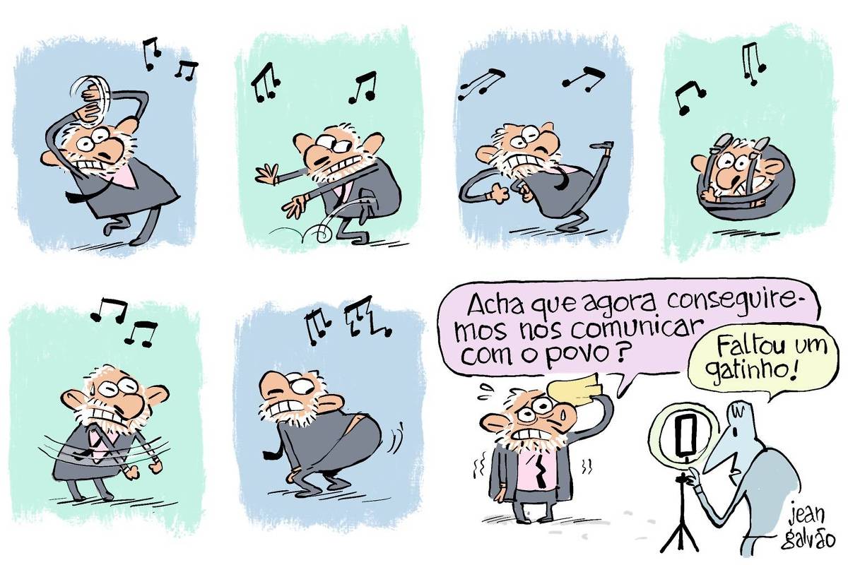 A charge de Jean Galvão publicada na Folha é dividida em sete quadros. Em cada um deles aparece o presidente Lula fazendo uma dancinha diferente, até que no último quadro ele, cansado limpando o suor da testa, pergunta para um auxiliar que o gravava com o celular em um tripé: “Acha que agora conseguiremos nos comunicar com o povo?” O auxiliar olhando para a telinha que acabou de gravar responde: “Faltou um gatinho.”