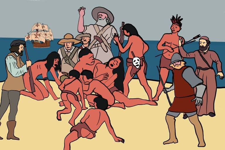 A imagem retrata uma cena de conflito entre colonizadores e indígenas em uma praia. No fundo, há um navio à vela. Os colonizadores estão armados e em pé, enquanto os indígenas estão em uma posição mais vulnerável, alguns no chão e outros em pé. A cena é colorida, com predominância de tons terrosos e um céu cinza.