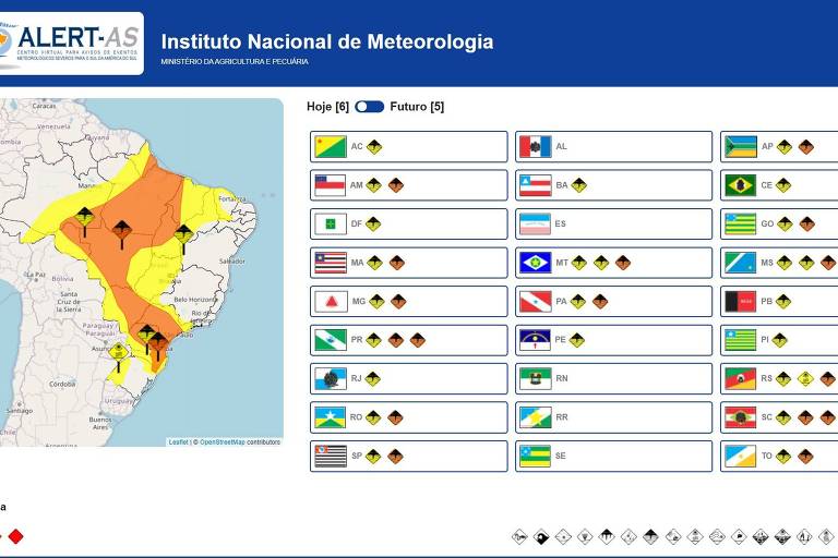 O Inmet (Instituto Nacional de Meteorologia) emitiu alertas de chuvas intensas neste sábado (18) em áreas de 22 unidades da Federação， incluindo o estado de São Paulo. Imagem do site do órgão mostra o mapa e a lista de locais com avisos. 