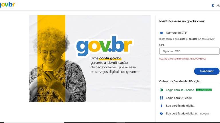 A imagem mostra a página inicial do site gov.br. À esquerda， há uma foto de uma mulher idosa sorrindo e segurando um celular. O fundo da imagem é amarelo. No centro， o logotipo do gov.br em cores azul， verde e amarelo. À direita， há campos para login， incluindo 039;CPF039; e 039;Senha039;， além de um botão azul escrito 039;Entrar039;. Abaixo， há opções para recuperar a senha e criar uma conta.