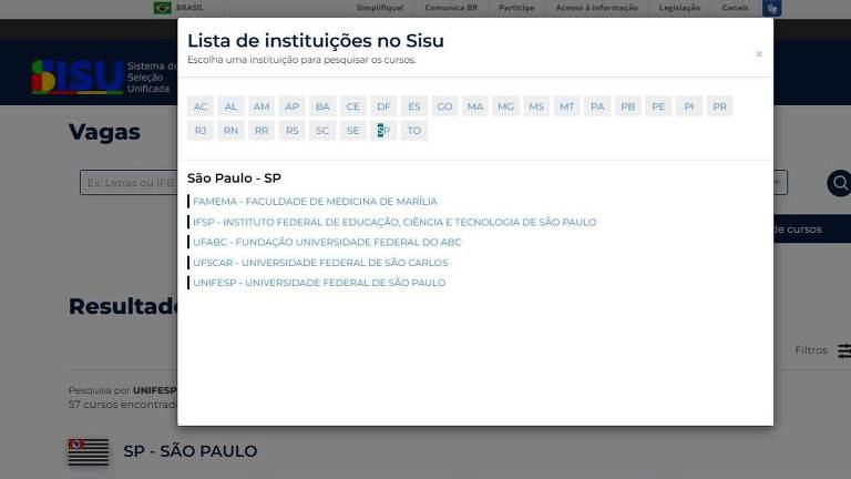 A imagem mostra uma interface de um site com uma lista de instituições. Há uma barra de navegação na parte superior com opções como 039;Vagas039; e 039;Resultados039;. Abaixo， há uma lista de instituições com informações sobre cada uma， incluindo links para detalhes adicionais. O título da seção é 039;Lista de Instituições na Tela039;.