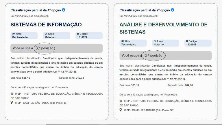 A imagem apresenta duas seções de informações sobre cursos. A primeira seção é intitulada 039;SISTEMAS DE INFORMAÇÃO039; e contém detalhes como a carga horária e a modalidade. A segunda seção é intitulada 039;ANÁLISE E DESENVOLVIMENTO DE SISTEMAS039;， também com informações sobre carga horária e modalidade. Ambas as seções têm um layout semelhante， com texto organizado em caixas.