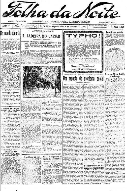 Primeira Página da Folha da Noite de 2 de fevereiro de 1925