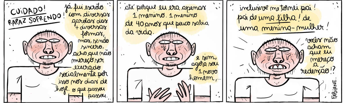  tira Viver Dói, de Fabiane Langona, publicada em 21/01/25 e intitulada “CUIDADO! RAPAZ SOFRENDO!”, é composta por três quadros horizontais. No primeiro, vemos um rapaz sério. Ele é calvo, mas ostenta alguns fios de cabelo abaixo da nuca formando um ralo muletts. Ele tem gengivas rosadas proeminentes e veste uma camiseta básica branca. No quadro seguinte, segue-se a mesma cena, porém agora o rapaz mostra-se mais reflexivo,, gesticulando com as mãos em frente ao peito. No ultimo quadro o rapaz chora desesperado. No quadrinho 1, o personagem diz: "Já fui escroto com diversas garotas das + diversas formas, mas, sendo sincero, acho que não mereço ser execrado socialmente por isso nos dias de hoje. o que passou passou." No quadrinho 2, o personagem diz: ”Até porque eu era apenas um menino. Um menino de 40 anos que pouco sabia da vida.. e sim, agora sou um novo homem." No quadrinho 3, o personagem diz: “Inclusive me tornei pai! Pai de uma filha! De uma menina-mulher! Vocês não acham que eu mereço a redenção!?".