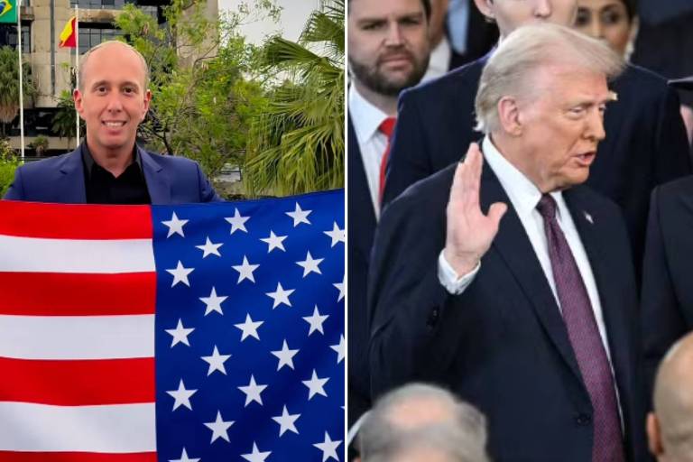 Em foto montagem, homem com a bandeira dos Estados Unidos e colocado ao lado de um homem de terno discursando