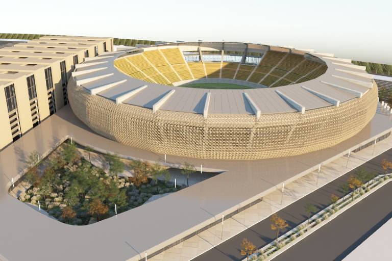 Projeto do Canindé， com estádio com arquibancada circular coberta e prédio retangular ao lado