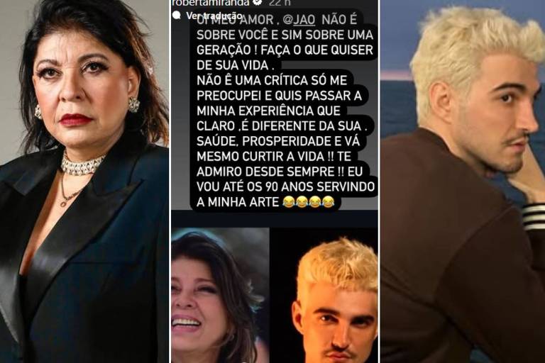 Em foto montagem, uma postagem de uma critica é colocado entre duas fotos de uma mulher e um homem envolvido em uma confusão.