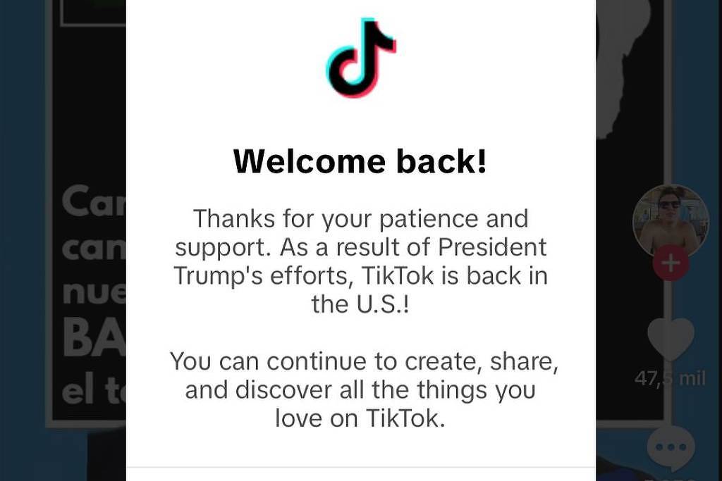 TikTok cita Trump em mensagem a usuários nos EUA para avisar sobre retorno da rede