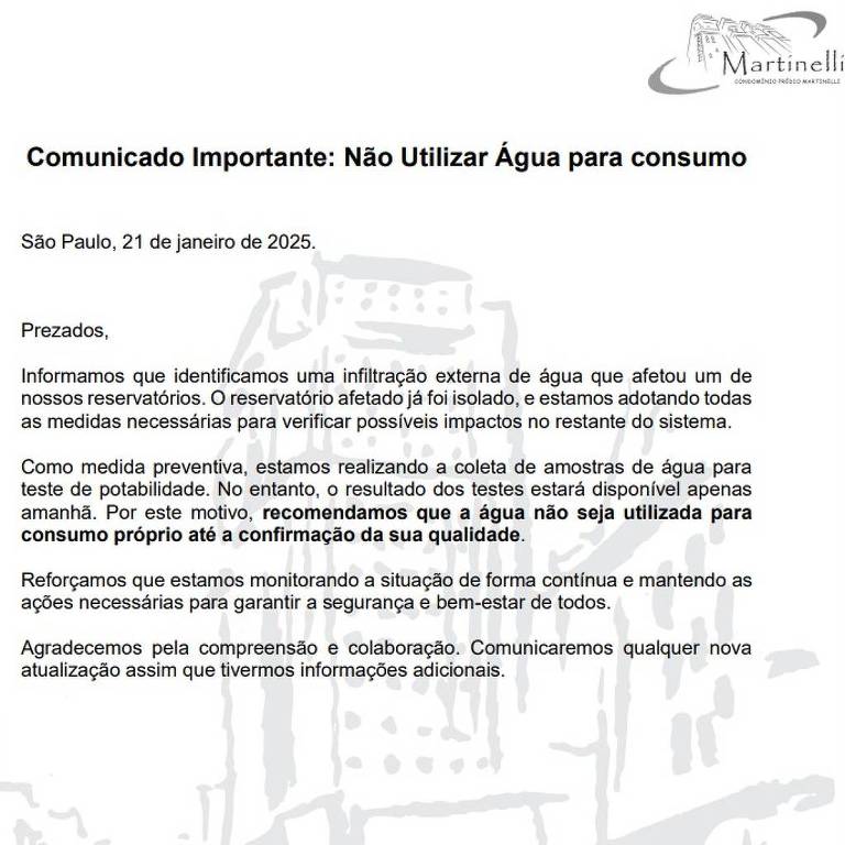 Um comunicado informando que não é permitido utilizar água para consumo. O documento é datado de 27 de janeiro de 2023 e se dirige aos cidadãos， explicando a situação e solicitando a colaboração de todos. O cabeçalho contém o logotipo de uma empresa ou instituição relacionada à água.