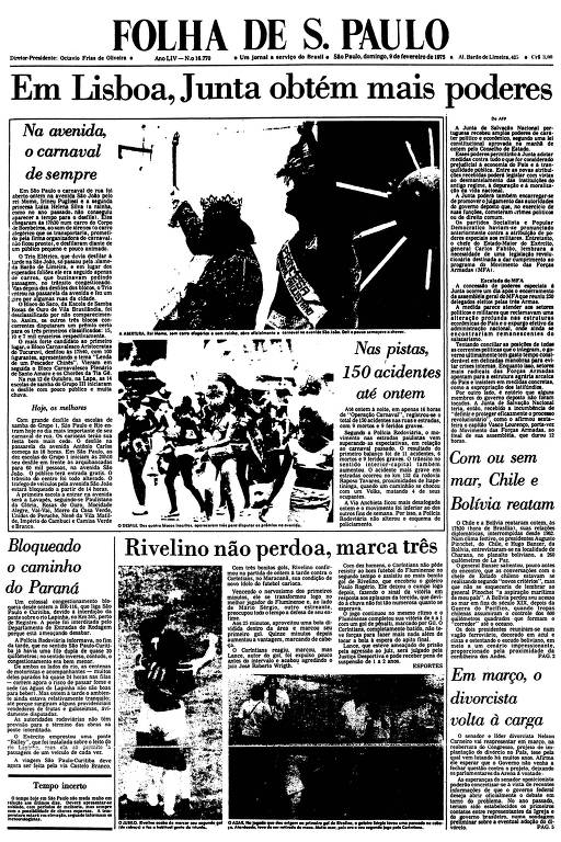 Primeira Página da Folha de 9 de fevereiro de 1975