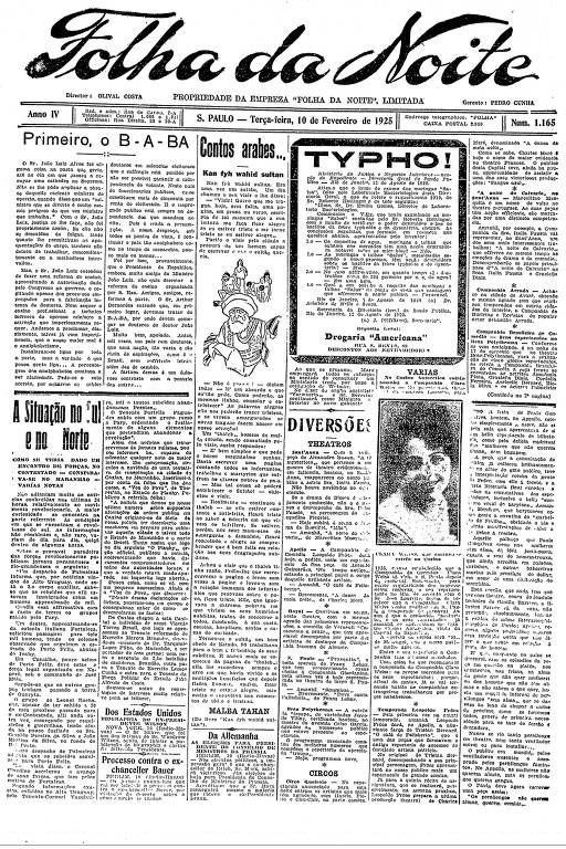 Primeira Página da Folha da Noite de 10 de fevereiro de 1925