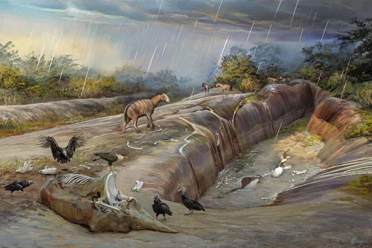 A imagem retrata um cenário pré-histórico com um mamífero da megafauna já extinto e várias aves em um ambiente natural. O céu está nublado e chuvoso， e há uma grande rocha ou tronco no centro da cena， cercado por vegetação. Animais como aves de rapina e outras espécies estão presentes ao redor.