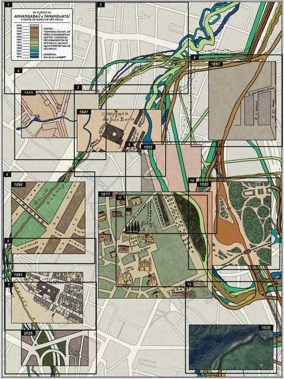 Um mapa que apresenta a evolução dos cursos dos rios Anhangabaú e Tamanduateí a partir de diferentes mapas históricos de São Paulo， datados entre 1500 e 2025. O mapa é dividido em várias seções， cada uma representando um ano específico， com detalhes sobre a geografia e a urbanização da cidade ao longo do tempo. Inclui o Convento de São Bento e outras áreas significativas.