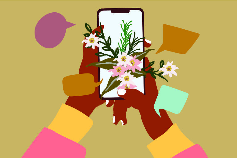 A ilustração apresenta um fundo ocre， com duas mãos no centro segurando um celular de onde emergem flores e folhas. As mãos estão vestidas com punhos de manga longa nas cores amarelo e rosa pastel.