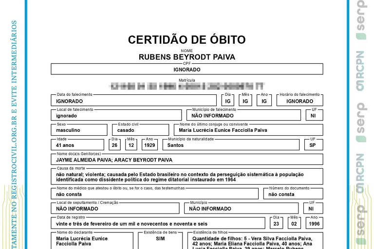 A imagem mostra um documento oficial intitulado 039;Certidão de Óbito039;. O documento contém informações como nome do falecido， data de nascimento， data do óbito， e outros dados relevantes. Há um cabeçalho com o brasão do Brasil e informações sobre a instituição responsável pela emissão. O fundo é predominantemente branco com detalhes em azul.