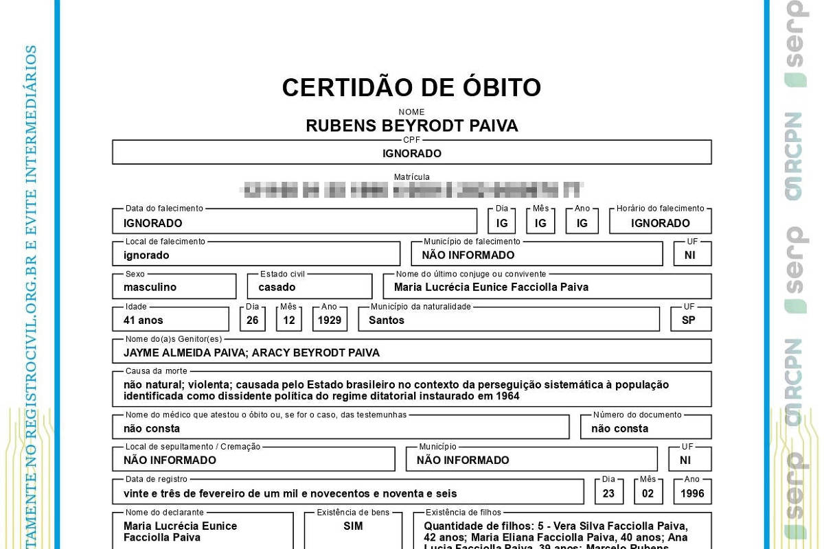 Ministério consulta família de Rubens Paiva sobre certidão – 24/01/2025 – Poder