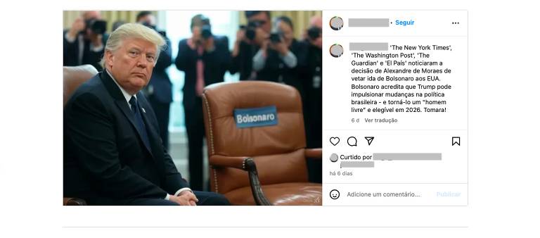 Captura de tela com imagem de Trump, homem branco de cabelo loiro, sentado em cadeira com cadeira vazia com nome de Bolsonaro à sua esquerda.