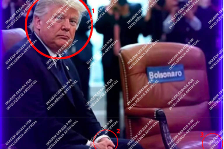 Foto usada no post verificado: Trump， homem branco de cabelo loiro， sentado em uma cadeira e， do seu lado esquerdo， uma cadeira de couro marrom vazia onde com uma plaquinha azul onde se lê quot;Bolsonaroquot; em letras brancas. Ao fundo， fotógrafos. Há três círculos vermelhos numerados na foto. Um circundando o rosto de Trump， outro sobre sua mão e outro no canto inferior direito da foto. Sobre a imagem há o aviso quot;Imagem gerada por inteligência artificialquot; repetido diversas vezes， na diagonal