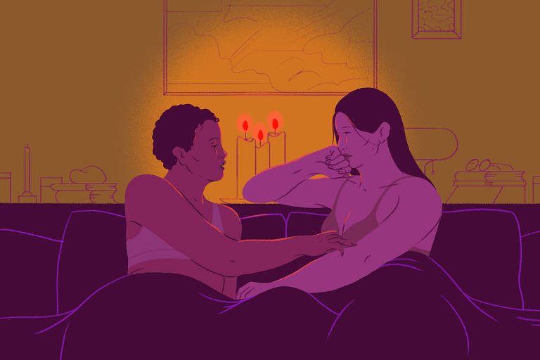 A imagem é uma ilustração estilizada de um casal sentado em uma cama， em um ambiente com iluminação suave e tons predominantemente roxos e alaranjados. O fundo mostra um quadro na parede e velas acesas em um suporte， criando um clima intimista e acolhedor. O casal parece estar em um momento de conexão e conversa， com um deles tocando delicadamente o braço do outro. O estilo artístico utiliza cores sólidas e sombreados suaves para compor a cena.