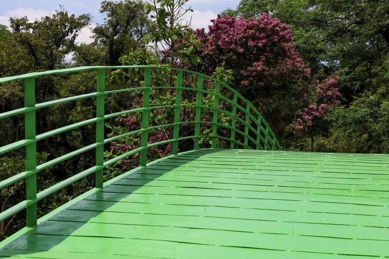 A imagem mostra uma ponte verde com corrimão, situada em um ambiente natural. O piso da ponte é de madeira, com tábuas dispostas horizontalmente. Ao fundo, há árvores verdes e arbustos com flores rosas, criando um contraste vibrante com a ponte. O céu está parcialmente nublado.