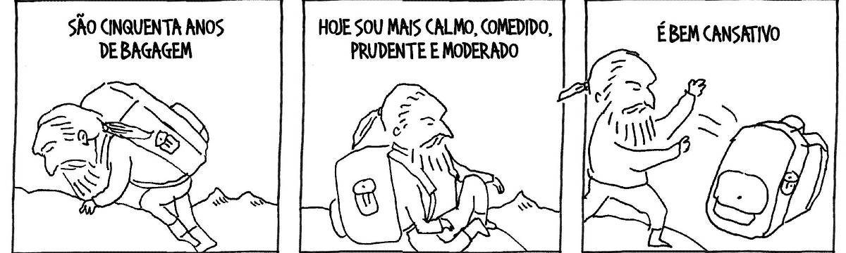 A tira de André Dahmer, publicada em 25.01.2024, tem três quadros. No primeiro, um homem de cabelos grisalhos, barba e bigode escala uma pedra. Ele carrega uma enorme mochila. A legenda diz: "São cinquenta anos de bagagem". No segundo quadro, o homem está sentado no cume da montanha. A legenda diz: "Hoje estou mais calmo, comedido, prudente e moderado". No terceiro e último quadro, o homem arremessa a mochila montanha abaixo. A legenda diz: "É bem cansativo".