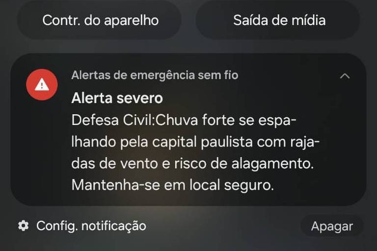 Alerta enviado pela Defesa Civil para os moradores da capital paulista avisando da previsão de temporal na tarde desta sexta-feira (24)