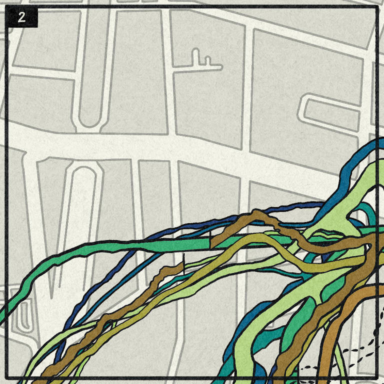 A imagem apresenta um fundo de um mapa em tons de cinza， com várias linhas coloridas em verde， azul e marrom que se entrelaçam e se sobrepõem， criando um efeito visual dinâmico. As linhas são rios， contrastando com o fundo mais neutro do mapa.