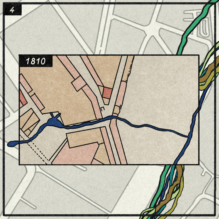 A imagem apresenta um mapa histórico datado de 1810， com uma seção destacada em um retângulo central. O mapa mostra ruas e um corpo d039;água representado em azul， com áreas em tons de marrom e bege. No canto superior esquerdo， há o número 039;4039; e， na parte superior do retângulo， está escrito 039;1810039;. O fundo do mapa é mais claro， com linhas que sugerem um layout urbano moderno.