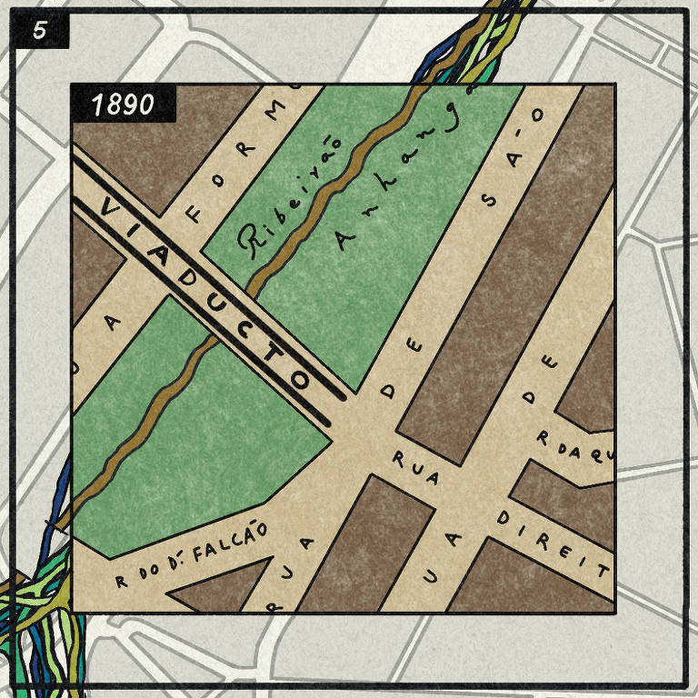 Um mapa estilizado de uma área urbana datado de 1890. O mapa apresenta ruas e um viaduto， com destaque para o 039;Ribeirão Anhanguera039;. As ruas são rotuladas， incluindo 039;Rua de São039;， 039;Rua Direita039; e 039;Rua do Falcão039;. O fundo é em tons de marrom e verde， com detalhes em preto.