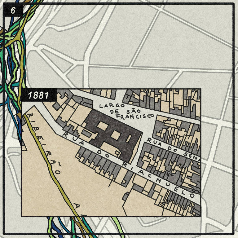 A imagem apresenta um mapa de 1881， destacando o Largo de São Francisco e as ruas adjacentes， incluindo a Rua do Senador e a Rua do Riachuelo. O mapa é em tons de bege e preto， com detalhes arquitetônicos representados. Na parte superior， há um contorno de um mapa mais amplo， com linhas coloridas que representam os traçados do rio.