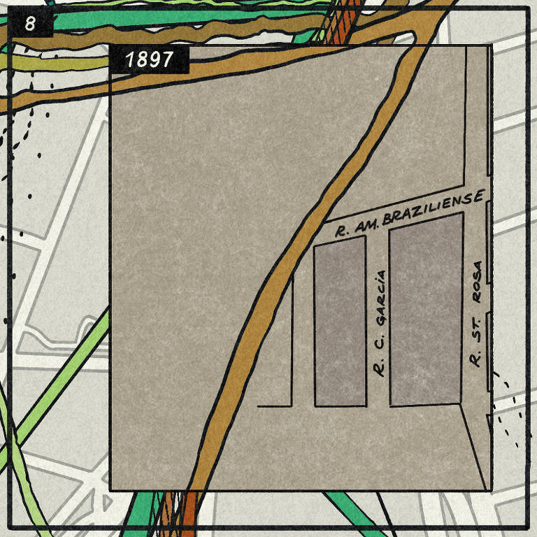 Um mapa antigo datado de 1897， apresentando uma área com ruas nomeadas. As ruas visíveis incluem 039;R. AM. BRASILENSE039;， 039;R. C. GARCÍA039; e 039;R. ST. ROSA039;. O fundo do mapa é de uma cor clara， com detalhes em verde e marrom representando outras áreas e caminhos.